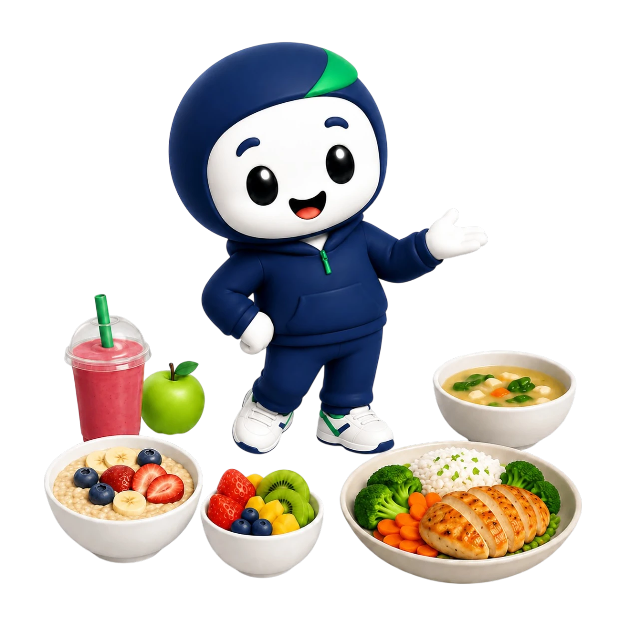 Axo presentando un menú diario completo: batido, fruta, avena con frutos rojos, bowl de frutas, sopa y plato con pollo, arroz y verduras